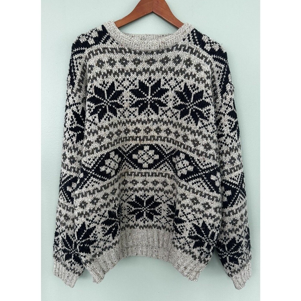 Vtg 90’s Mens Sweater Snowflake Wool Chunky Knit Sz L Nordic Fairisle Ic…​​​